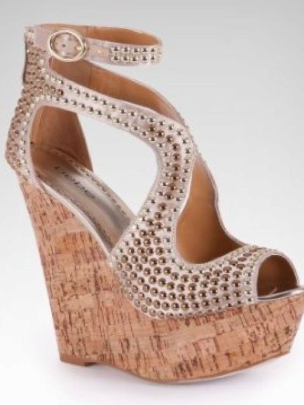 bebe Caitlyn II 
Beaded Satin Cork Wedge Sandal - Nude